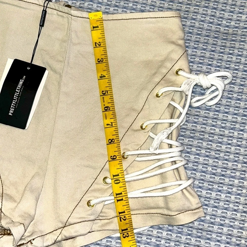 PrettyLittleThing Shape Ecru Lace Up Side Denim Shorts NWT